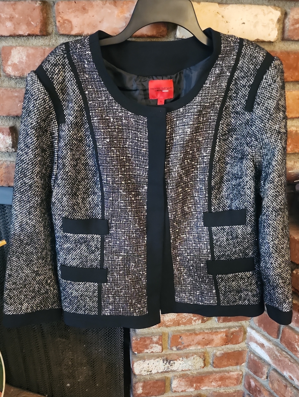 Narciso Rodriguez Black White Bouclé Tweed Collarless Blazer Jacket